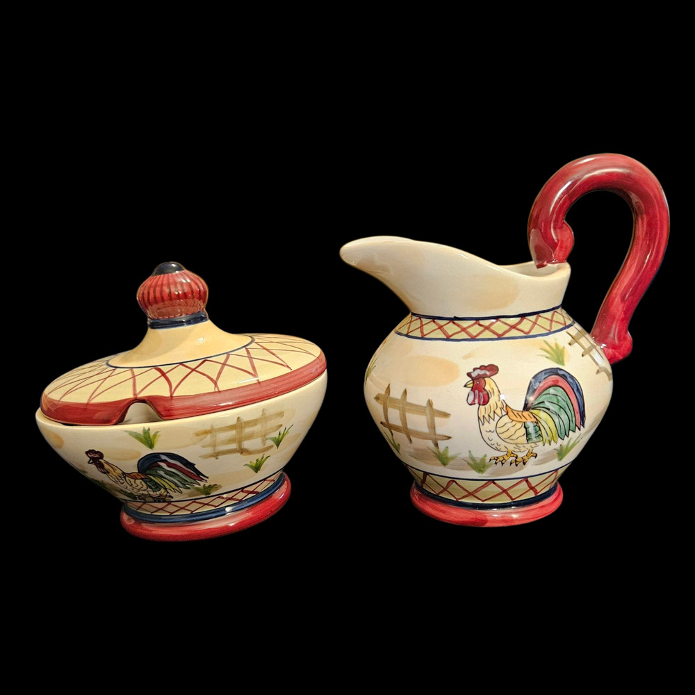 Heartfelt Kitchen Creations Young's Rooster Creamer Sugar Bowl Farmhouse Set
